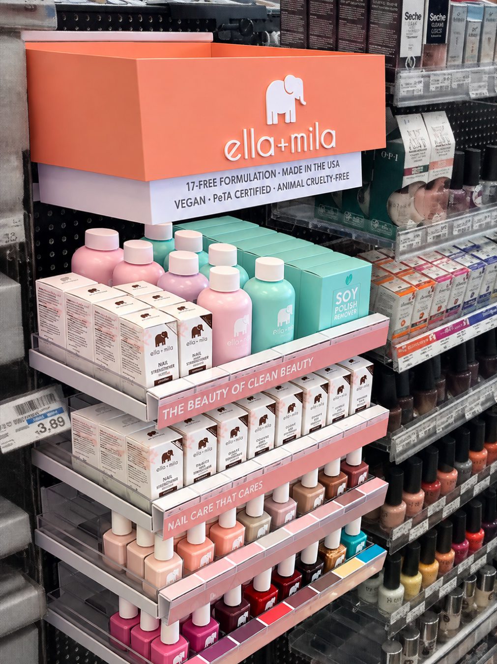 Ella + Mila clean beauty display in store