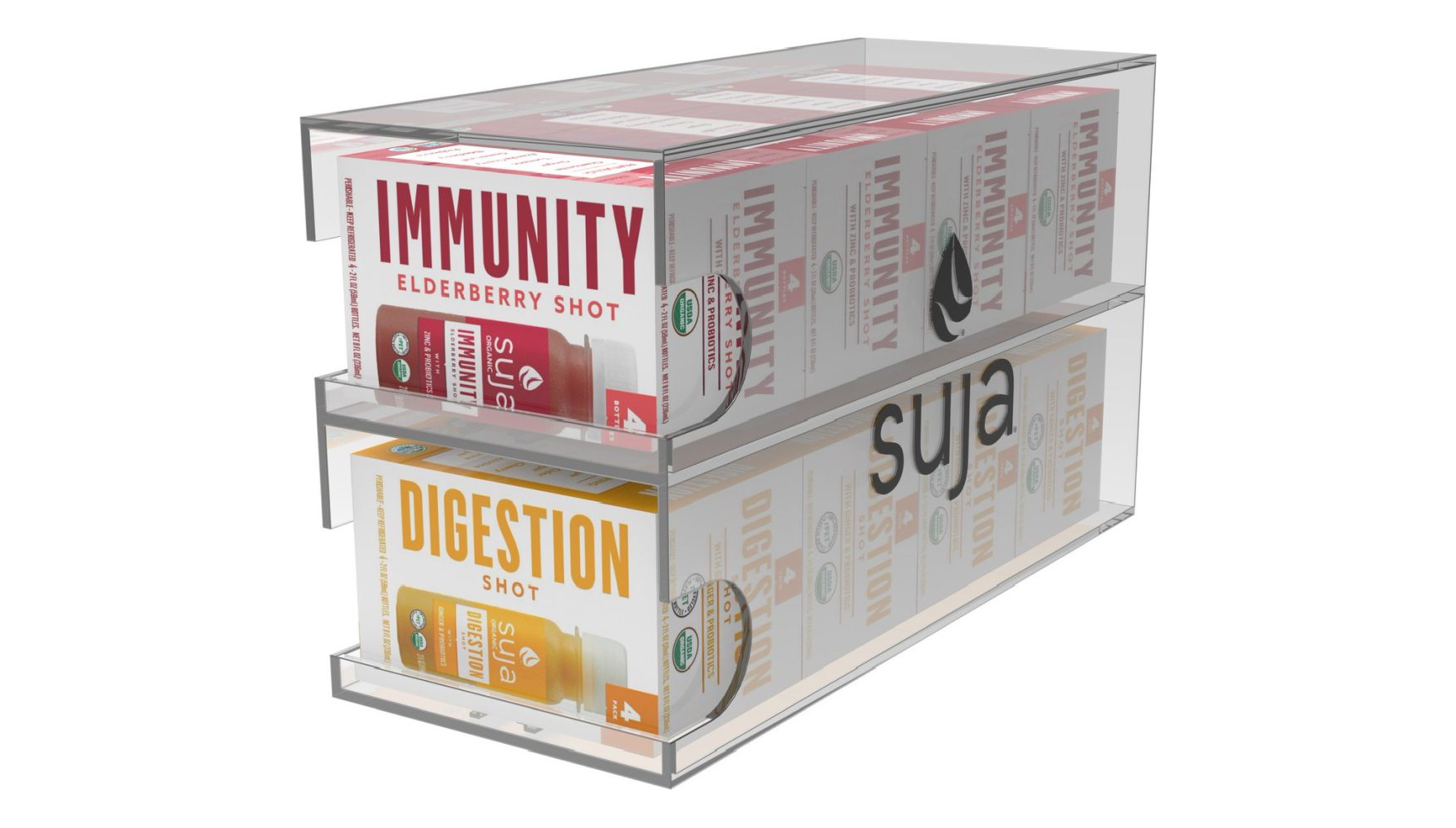 Suja acrylic shelf riser holding Immunity and Digestion shots