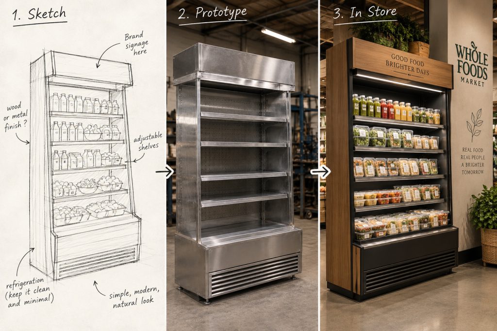 Sketch, prototype and in-store refrigerated display