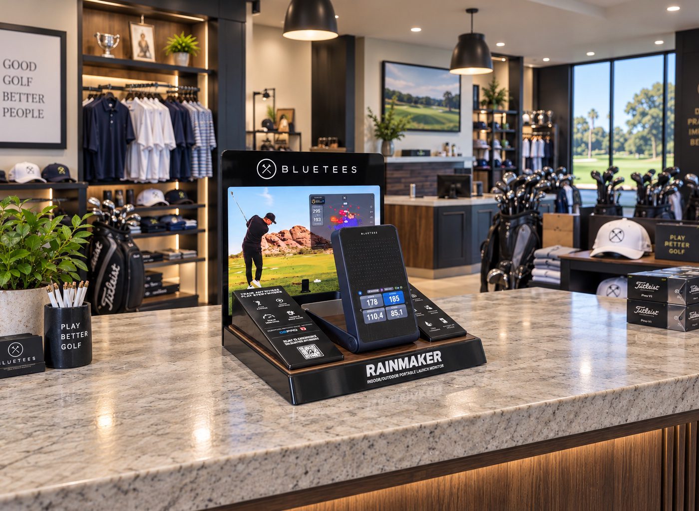 Blue Tees Golf display in a pro shop