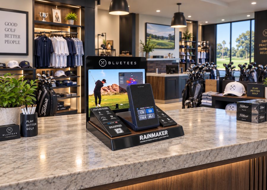 Blue Tees Golf display in a pro shop