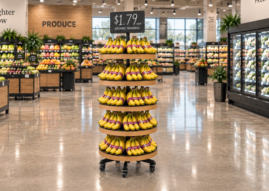 Organic banana display fixture in a supermarket